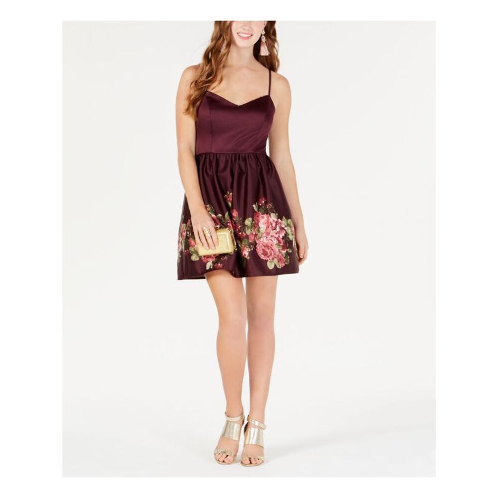 TEEZE ME Womens Fit + Flare Mini Dress Burgundy Spaghetti Strap Juniors 5\6 - Picture 3 of 4
